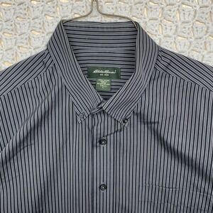 Eddie Bauer Shirt Men's L Tall Gray/Black Striped Long Sleeve Button Down Cotton